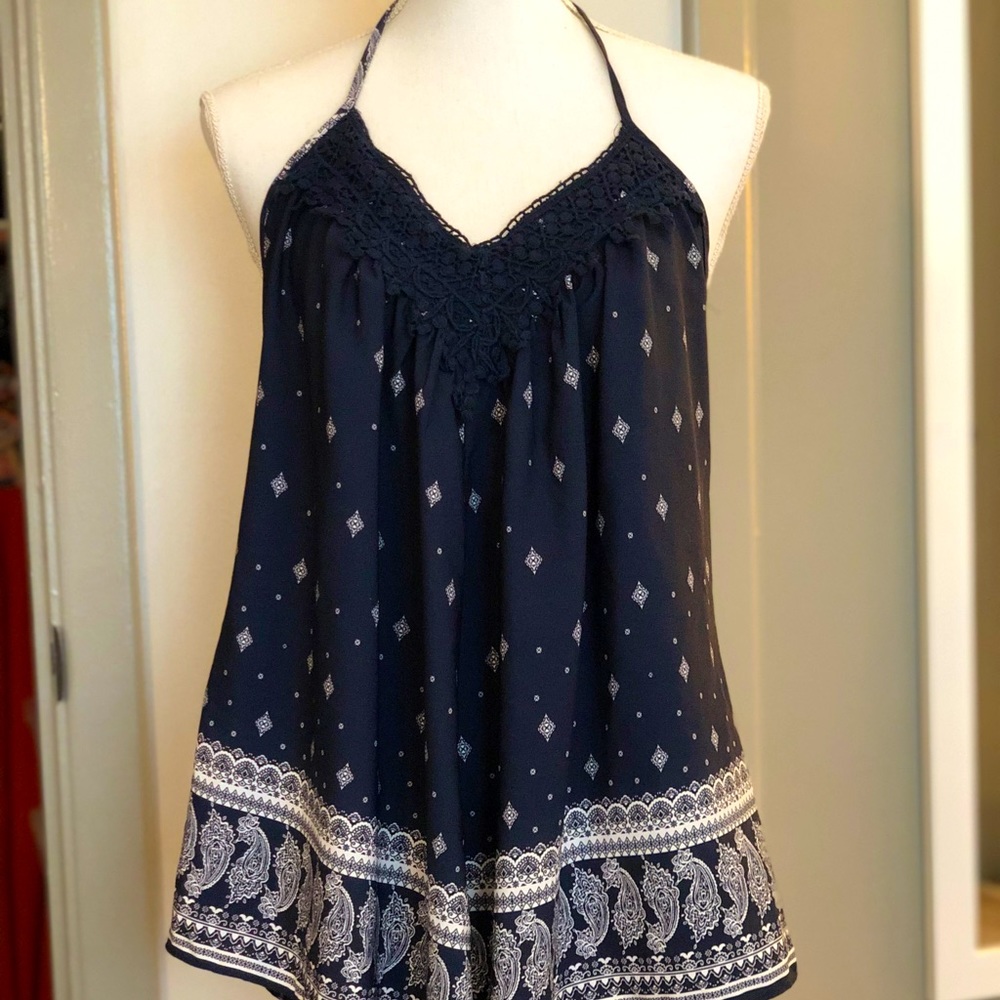 Navy & White Tie Neck Halter Top